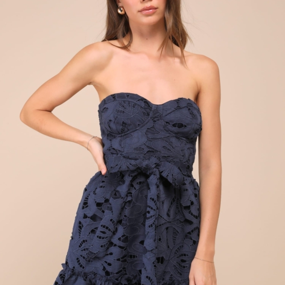 Lulu's Strapless Navy Lace Dress - Picture 2 of 10